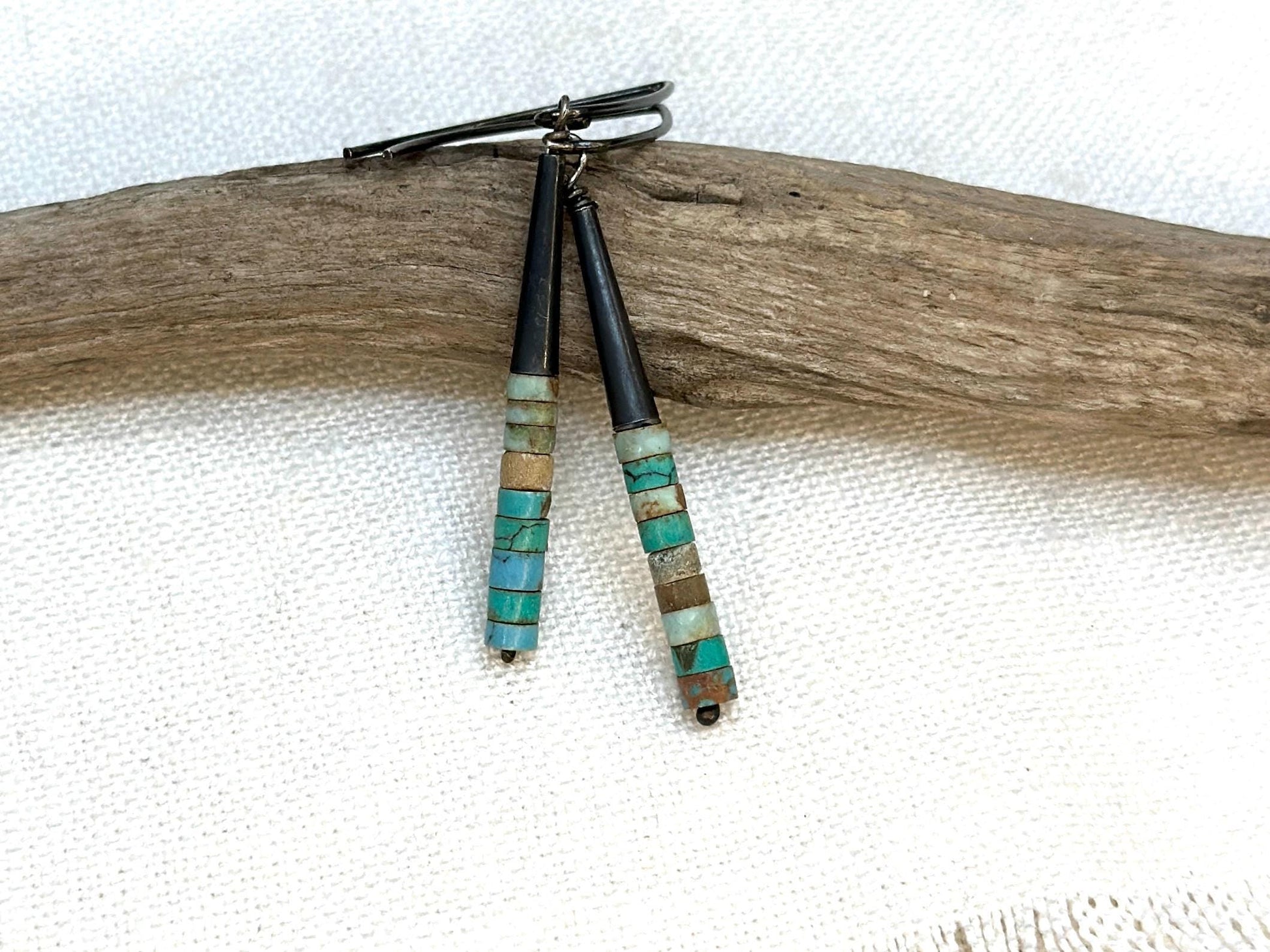 Turquoise Heishi Earrings, Oxidized Sterling Silver Dangle Earrings, Southwestern Boho Jewelry, Handmade Artisan Earrings by iNk Jewelry