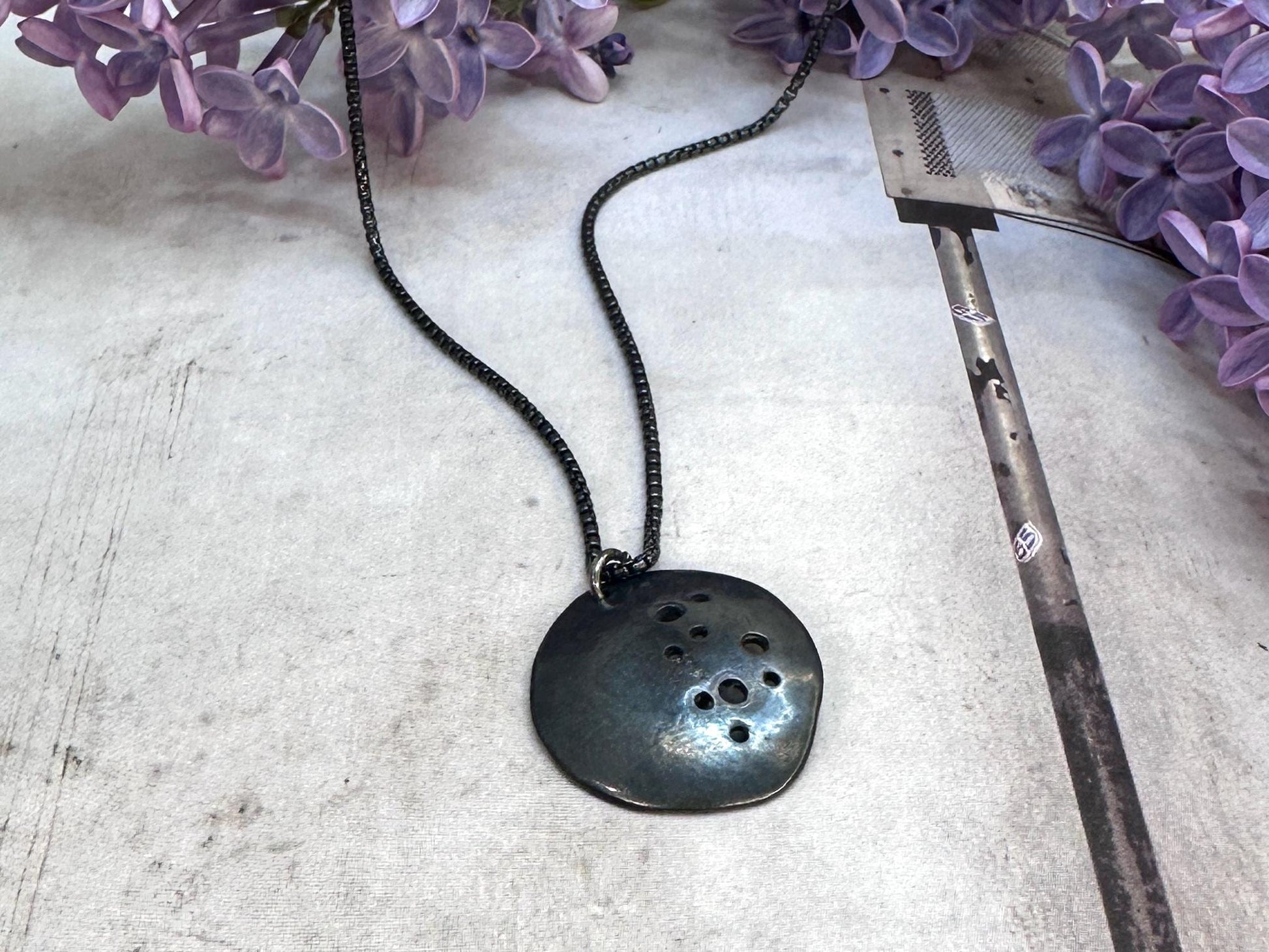 Lunar Elegance, Oxidized Sterling Silver Pendant, Celestial Jewelry, Minimalist Star Necklace, Handmade Artisan Jewelry by iNk