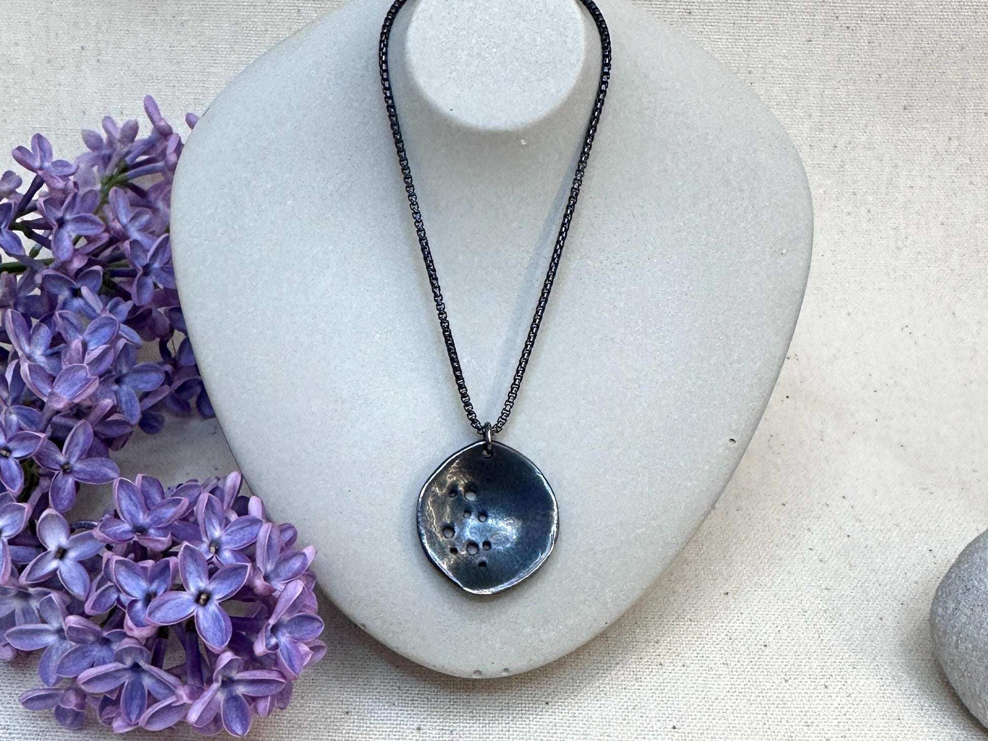Lunar Elegance, Oxidized Sterling Silver Pendant, Celestial Jewelry, Minimalist Star Necklace, Handmade Artisan Jewelry by iNk