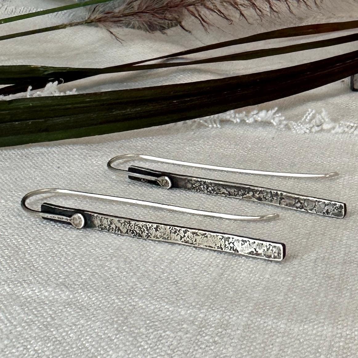 Modern Textured Sterling Silver Bar Earrings, Sculptural Hammered Drop by iNk Jewelry