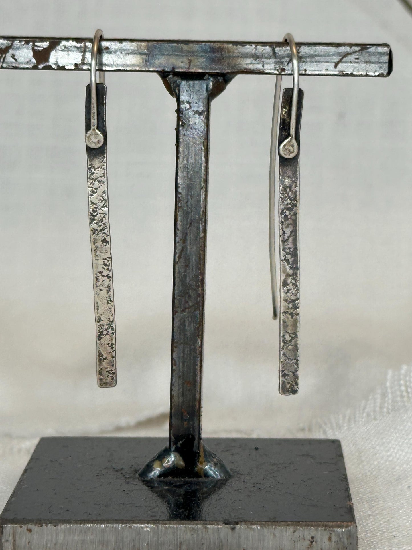 Modern Textured Sterling Silver Bar Earrings, Sculptural Hammered Drop by iNk Jewelry