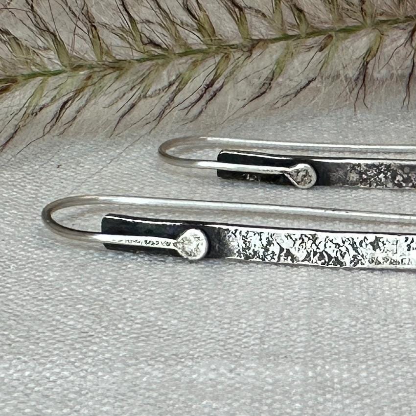 Modern Textured Sterling Silver Bar Earrings, Sculptural Hammered Drop by iNk Jewelry