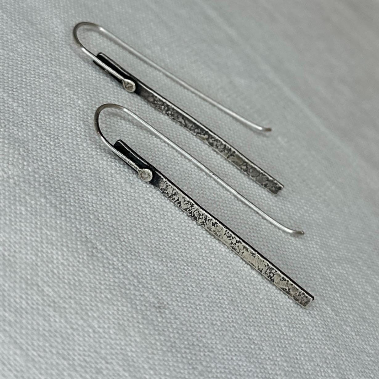 Modern Textured Sterling Silver Bar Earrings, Sculptural Hammered Drop by iNk Jewelry