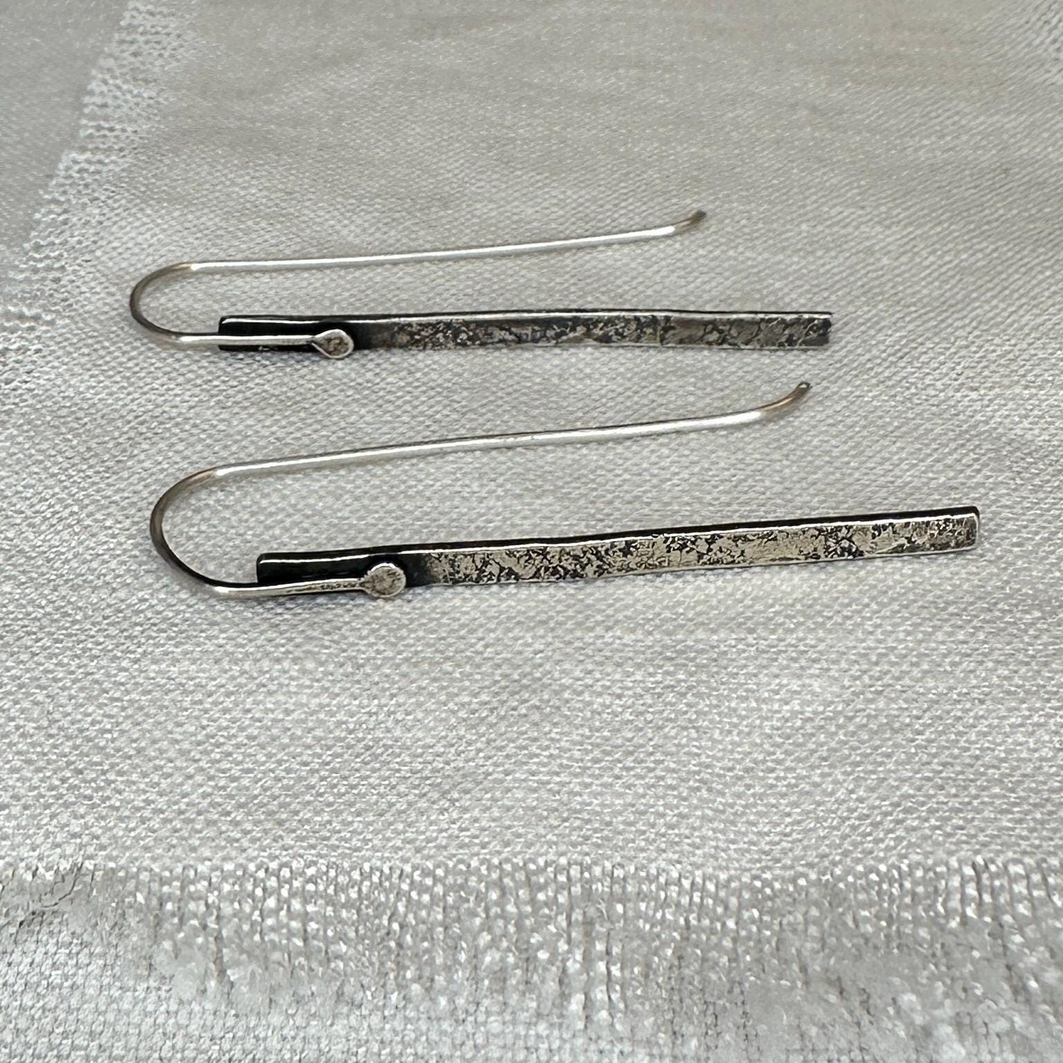 Modern Textured Sterling Silver Bar Earrings, Sculptural Hammered Drop by iNk Jewelry