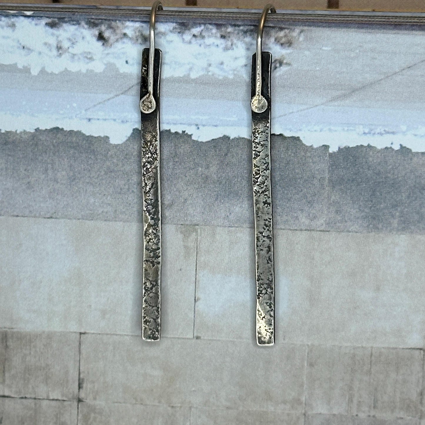 Modern Textured Sterling Silver Bar Earrings, Sculptural Hammered Drop by iNk Jewelry