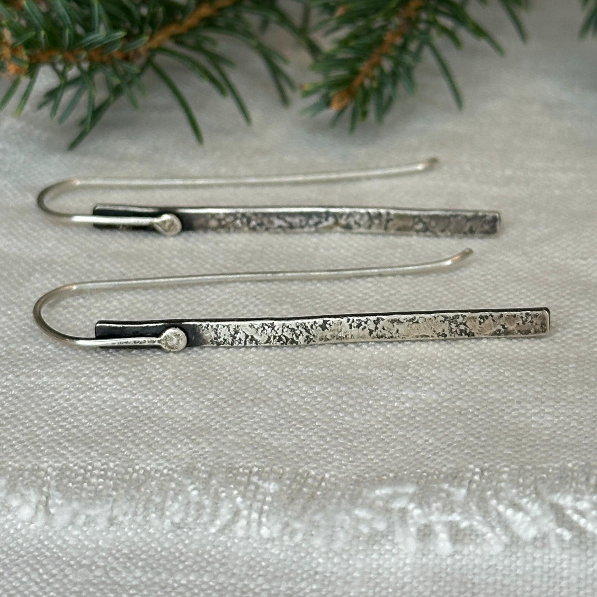 Modern Textured Sterling Silver Bar Earrings, Sculptural Hammered Drop by iNk Jewelry