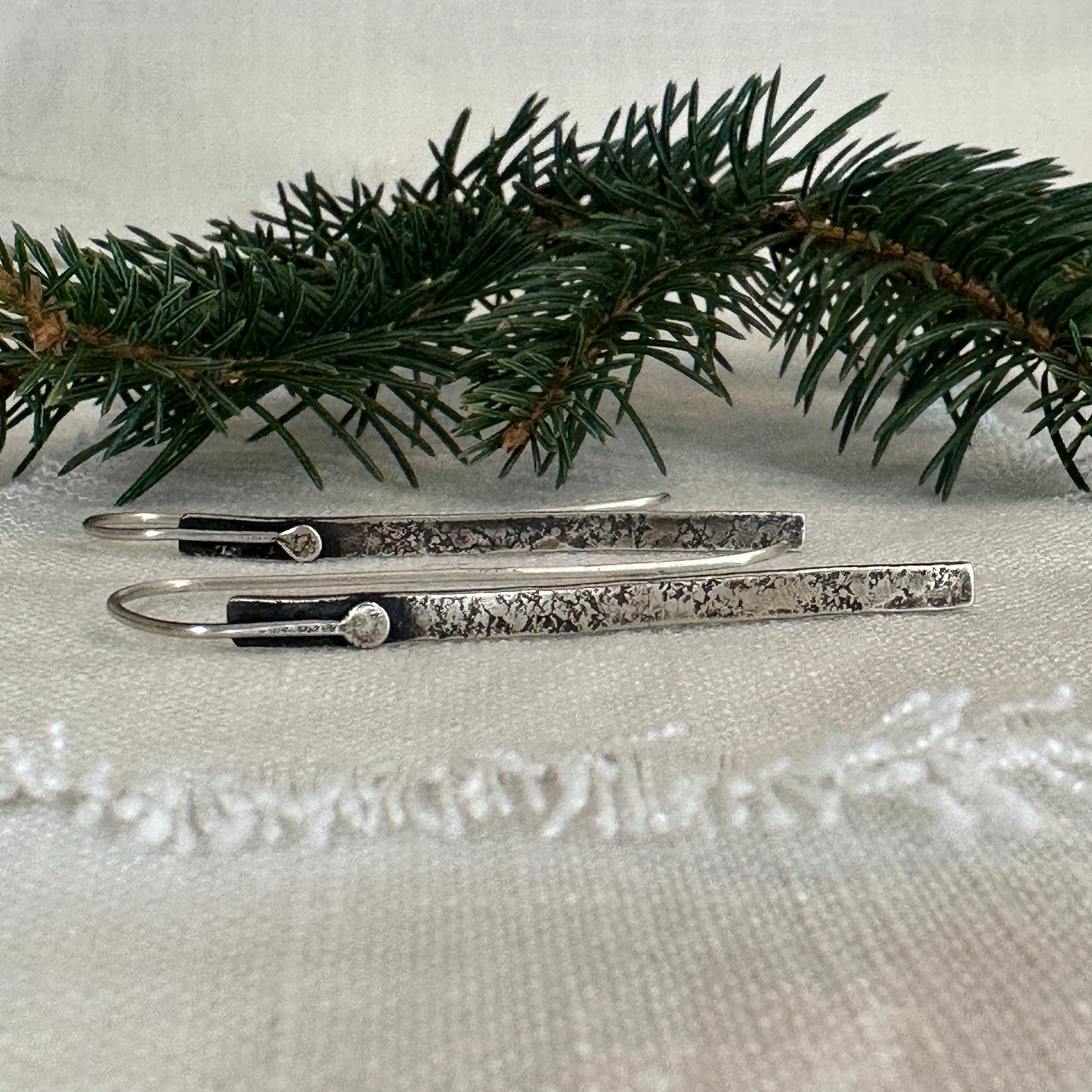 Modern Textured Sterling Silver Bar Earrings, Sculptural Hammered Drop by iNk Jewelry