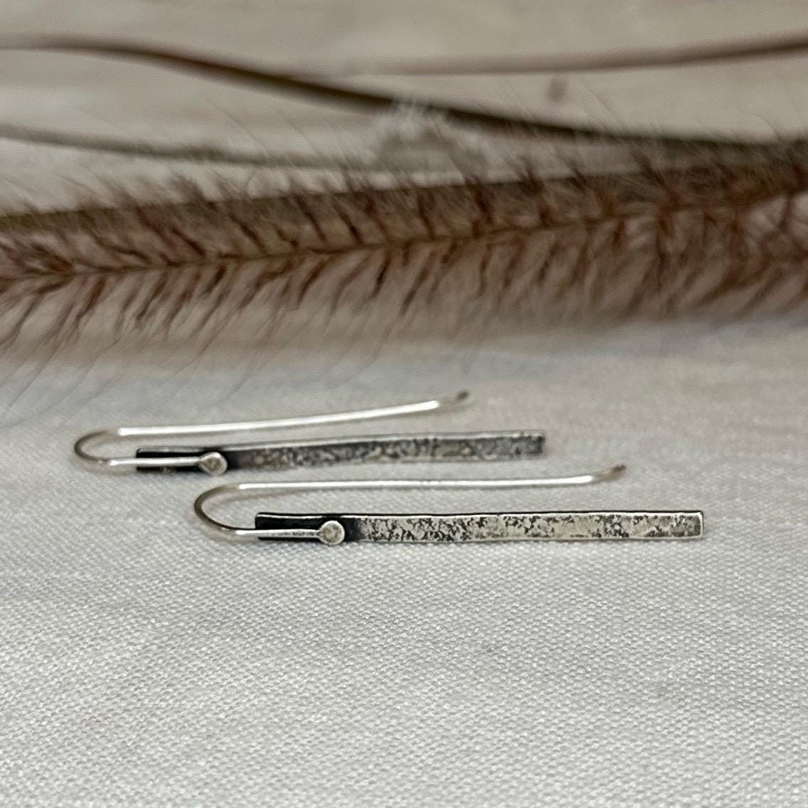 Modern Textured Sterling Silver Bar Earrings, Sculptural Hammered Drop by iNk Jewelry
