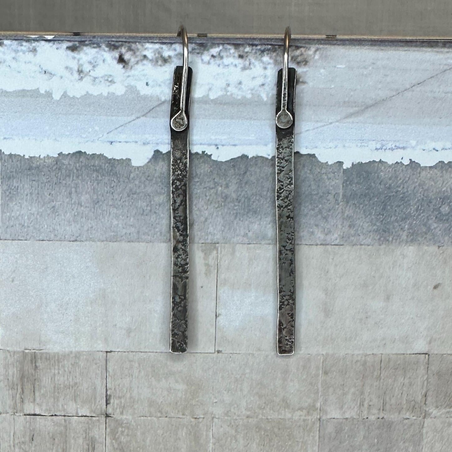 Modern Textured Sterling Silver Bar Earrings, Sculptural Hammered Drop by iNk Jewelry