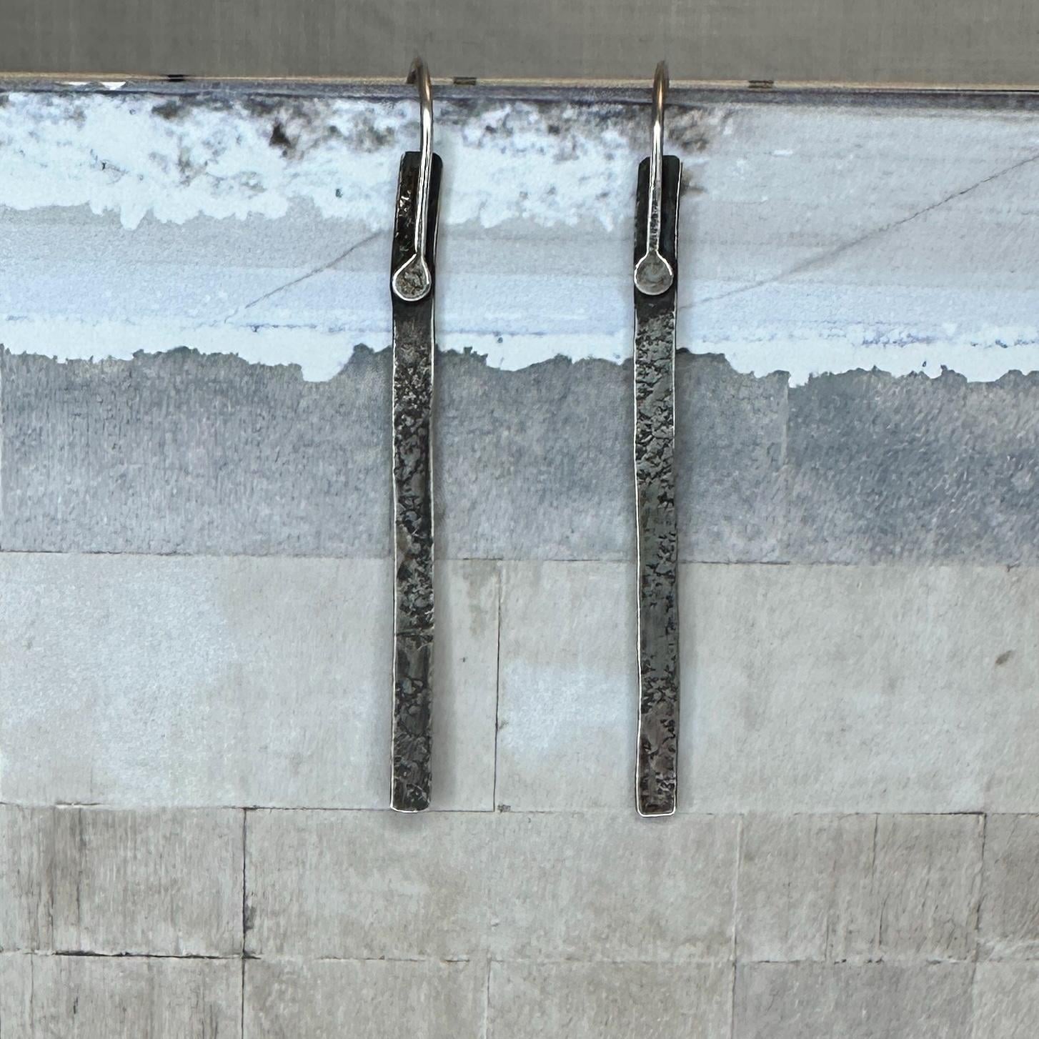 Modern Textured Sterling Silver Bar Earrings, Sculptural Hammered Drop by iNk Jewelry