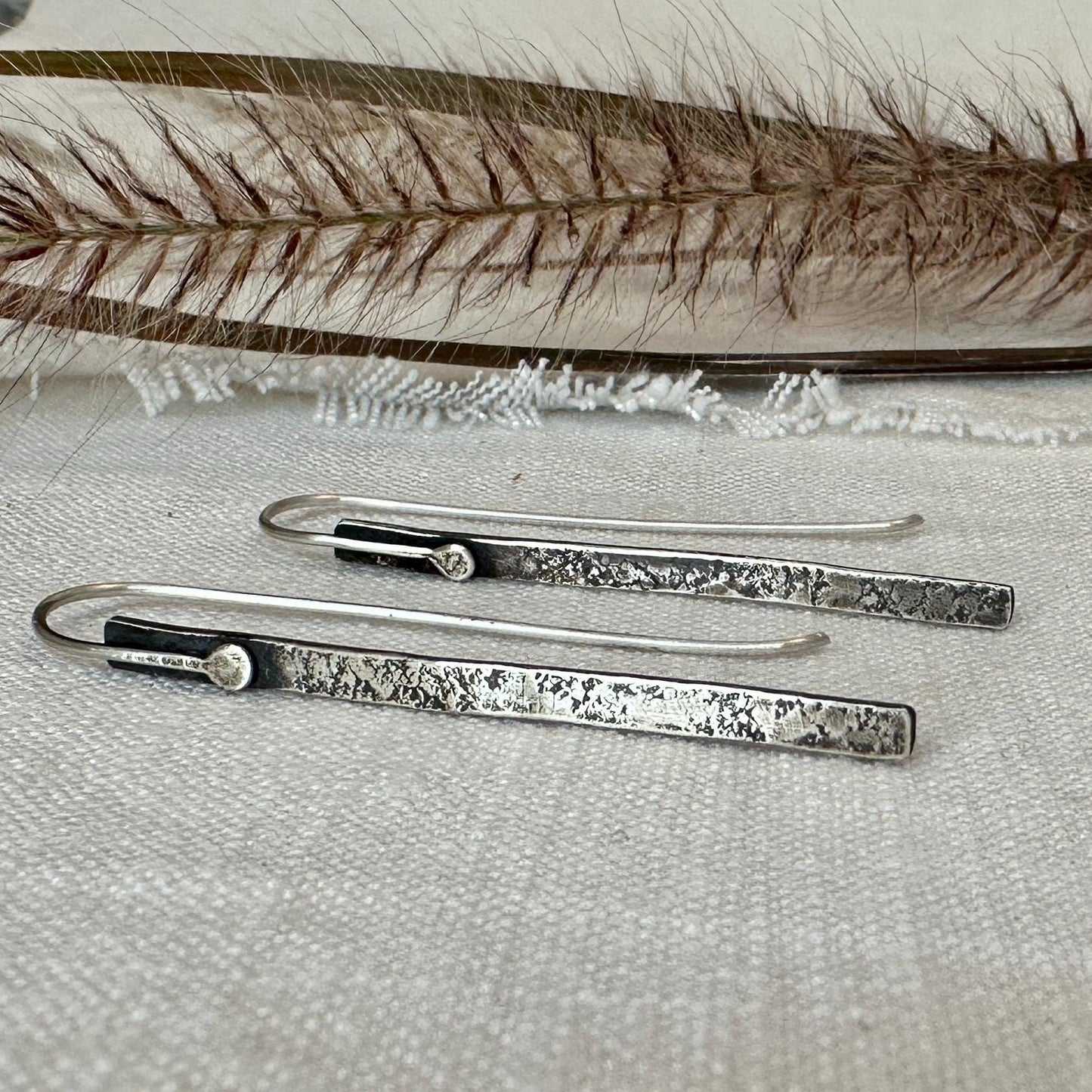 Modern Textured Sterling Silver Bar Earrings, Sculptural Hammered Drop by iNk Jewelry
