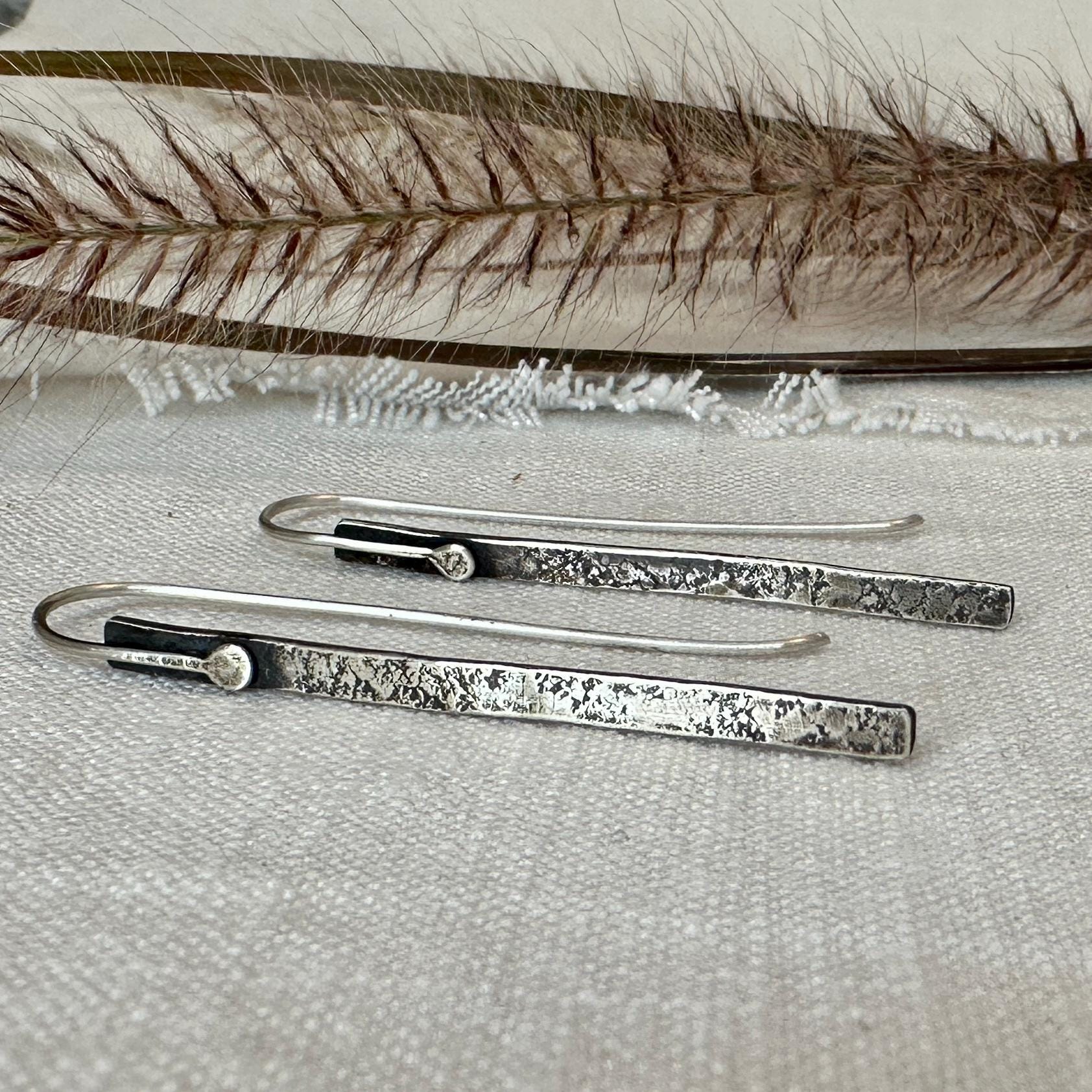 Modern Textured Sterling Silver Bar Earrings, Sculptural Hammered Drop by iNk Jewelry