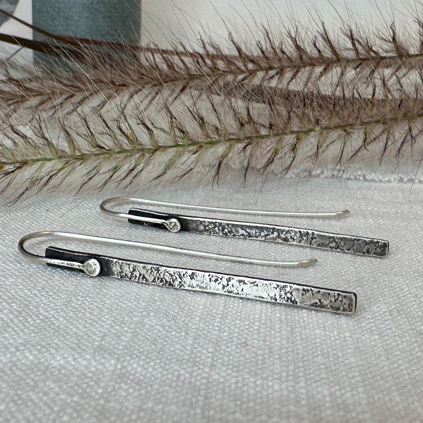 Modern Textured Sterling Silver Bar Earrings, Sculptural Hammered Drop by iNk Jewelry