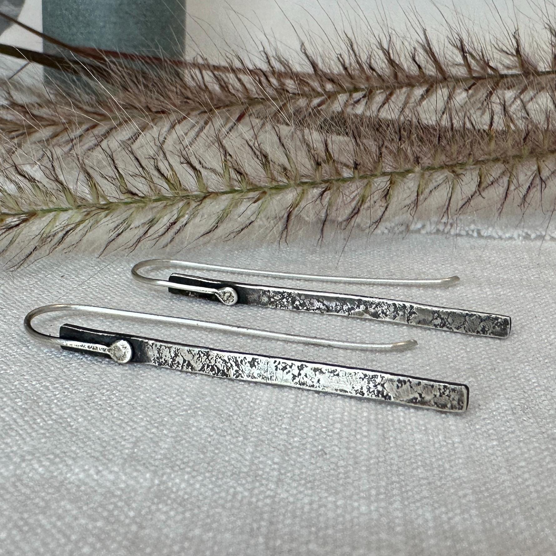 Modern Textured Sterling Silver Bar Earrings, Sculptural Hammered Drop by iNk Jewelry