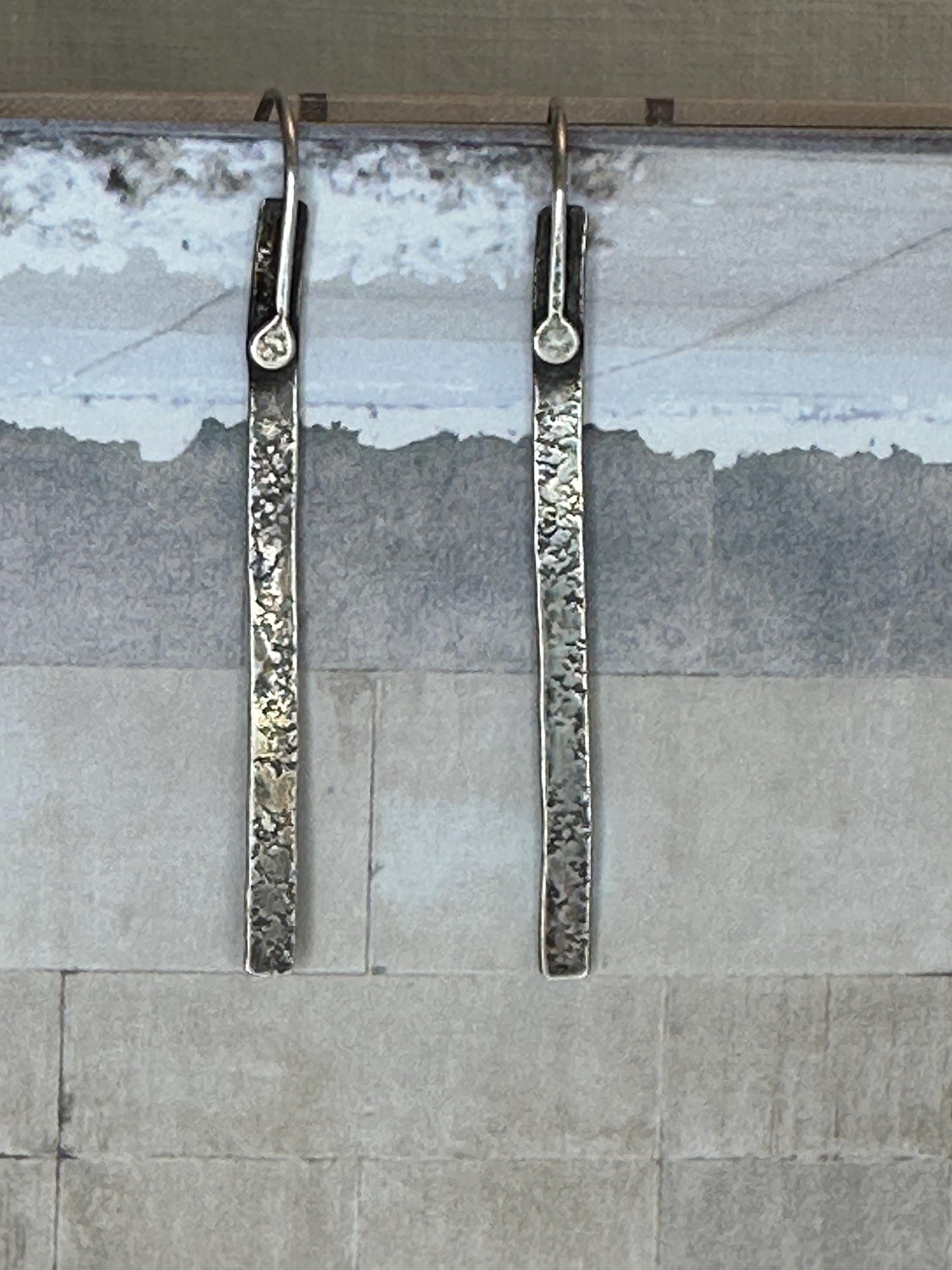 Modern Textured Sterling Silver Bar Earrings, Sculptural Hammered Drop by iNk Jewelry