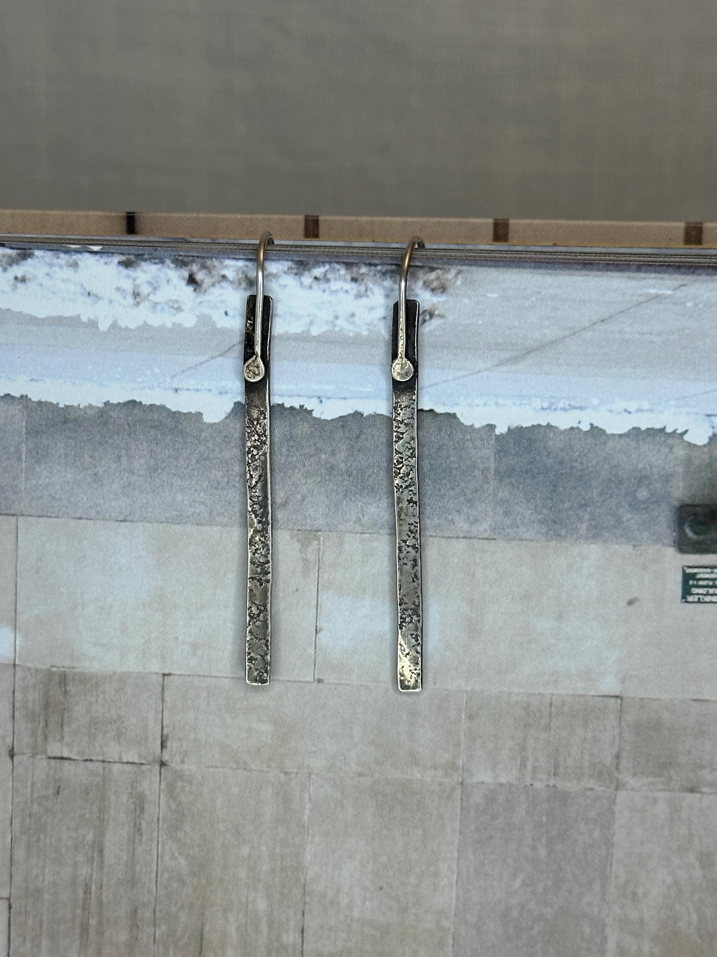 Modern Textured Sterling Silver Bar Earrings, Sculptural Hammered Drop by iNk Jewelry