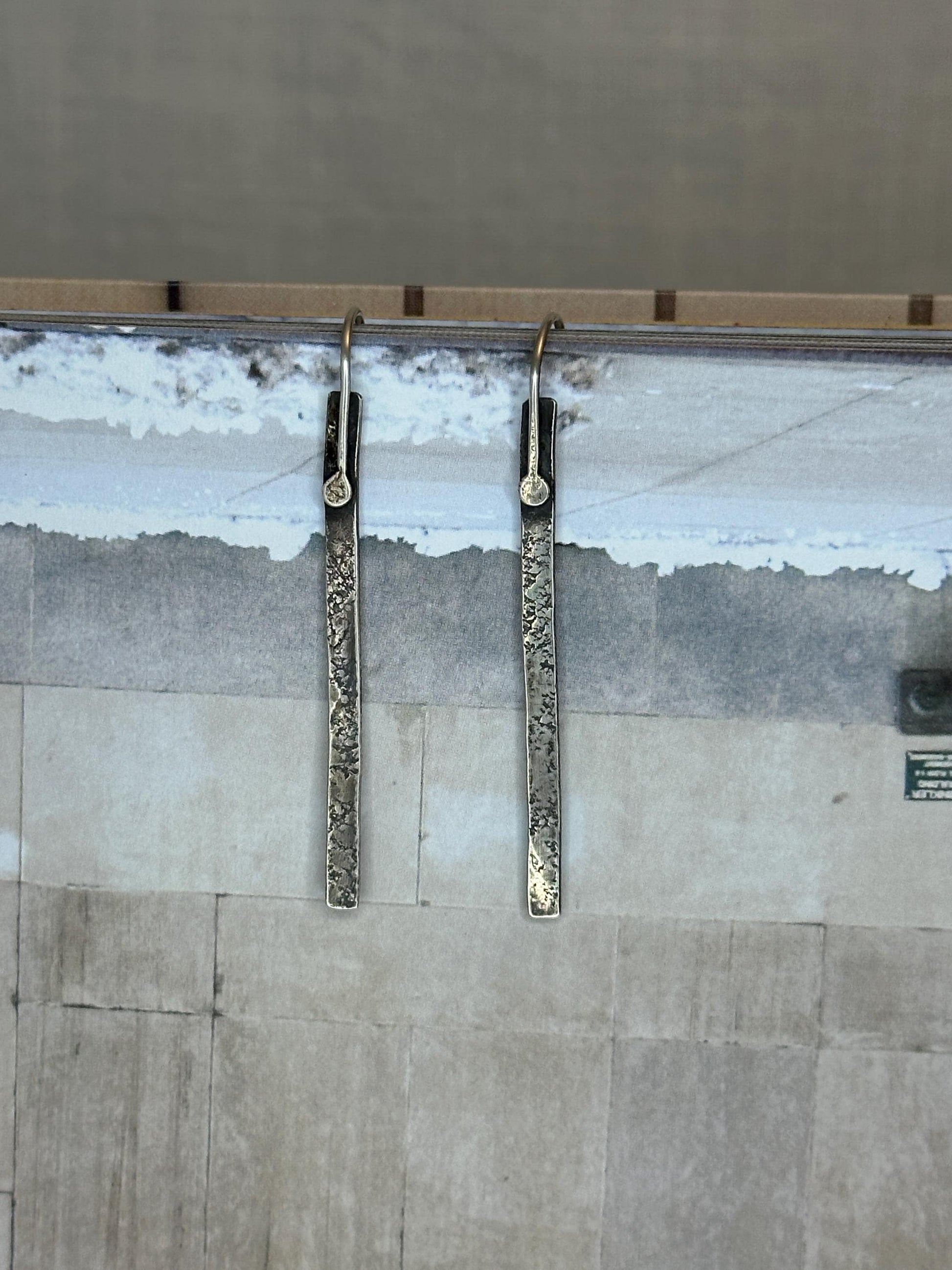 Modern Textured Sterling Silver Bar Earrings, Sculptural Hammered Drop by iNk Jewelry