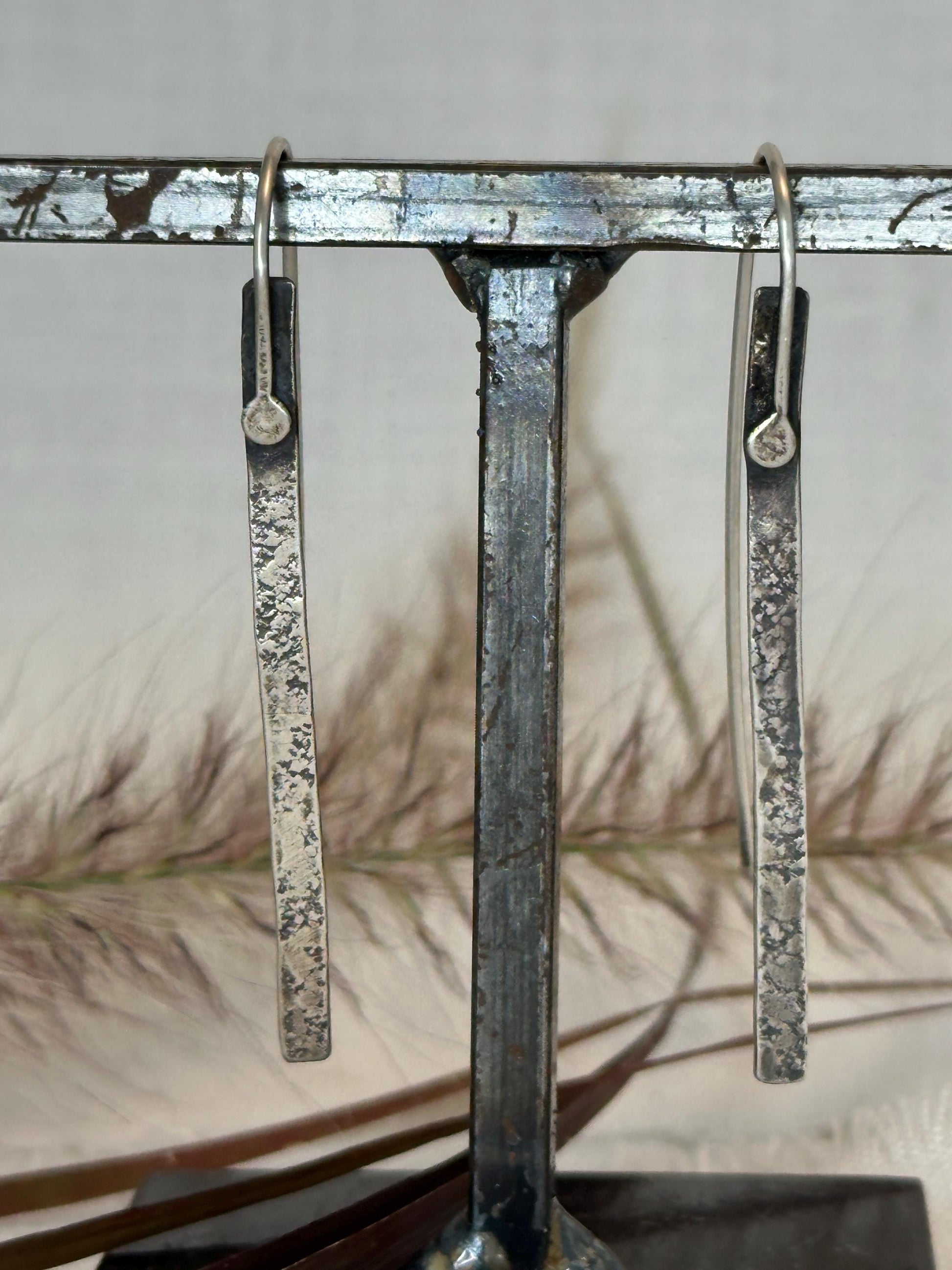 Modern Textured Sterling Silver Bar Earrings, Sculptural Hammered Drop by iNk Jewelry